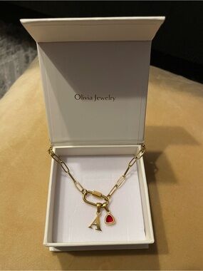 Gold Carabiner Lock Chain Necklace with Ruby Teardrop Charm and 'A' Initial